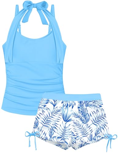 Image of Girls Swimsuit 2 Piece Halterneck Girls Tankini Swimsuit Drawstring Printed Swim Shorts Girl Bathing Suit for 7-18T