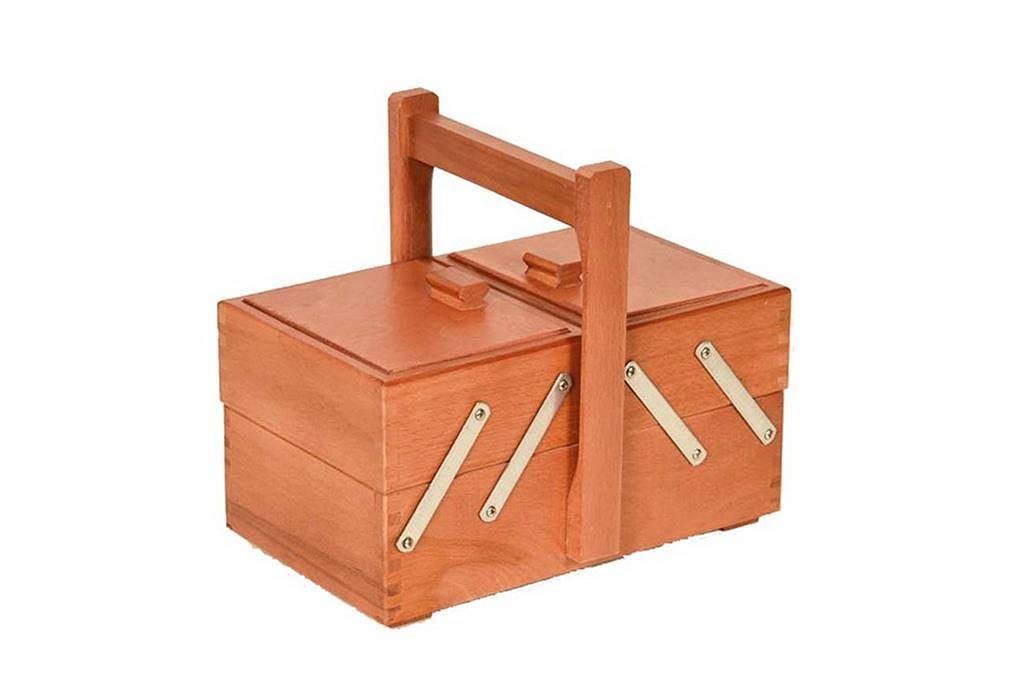 Cestino cucito porta lavoro 2 piani a scaletta in legno naturale (chiaro), 24 x 14 x 21 cm (Legno scuro - Noce)