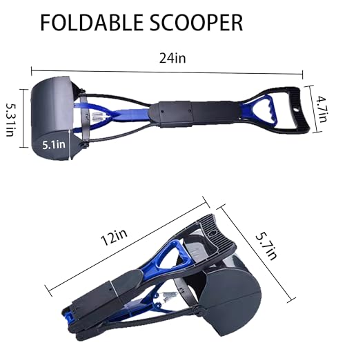Image of Non-Breakable 24 Inch Portable Dog and Cats Poop Scooper with Foldable Long Handle, 20 Pet Waste Bags & 1 Dispenser, Set for Yard, Grass,Ideal for Large & Small Dogs (Blue)