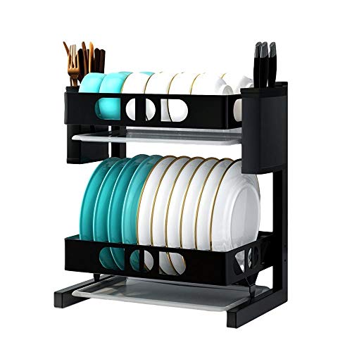 Estante de almacenamiento de acero inoxidable con bandeja de goteo, escurridor de platos para platos, tazas, vasos y cubiertos, diseño sobre el fregadero