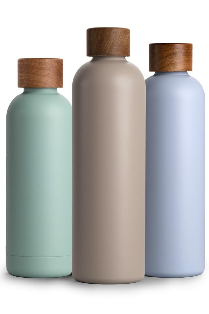 T&N Borraccia in acciaio inox, 1 litro, thermos da 1 l, con coperchio in legno di acacia, isolata, a prova di perdite in caso di anidride carbonica, thermos da 1000 ml, colore: grigio