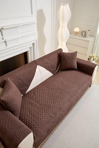Image of HOMETHREADS Premium Embroidered Cotton Sofa Cover Mat with PVC Backing for Non-Slip Comfort (Brown, 5 Seater | 70x230cm)