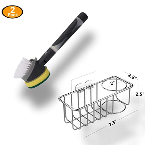 Dual Head Scrub Brush and Sponge with Adhesive Sink Caddy, Dish Wand and Stainless Steel Kitchen Sink Organizer Set, Non Slip Grip Soap Dispensing Scrubber for Cleaning Dishes