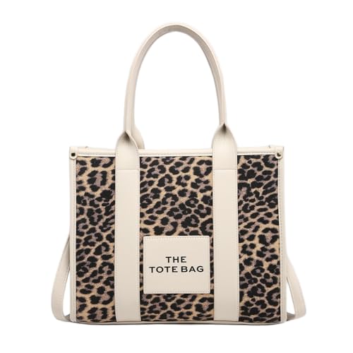 THE TOTE BAG Leopard Print Canvas Handbag Black Leather Trim Designer Shopping Tote with Shoulder Straps (Beige)