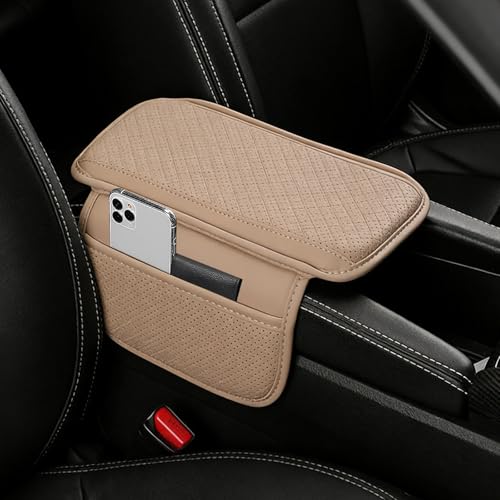 H-Quenby Car Armrest Cover for Nissan Magnite 2020-2024 2025, Center Console Cushion Leather Armrest Pad Protector with Storage Pockets Diamond Pattern,Beige
