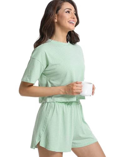 Split Short Pajama Set Soft Women's Striped Pajama Sleeve Tee & Elastic Waist Shorts Lounge Sleepwear3