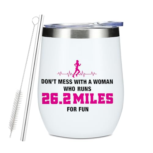 Inspirational Marathon Runner Gifts for Women Running Lover Runner Friend Bestie Birthday Christmas Wine Tumbler, 12 oz Tumbler with Lid, Straw Insulated Wine Glass Stainless Steel Travel Coffee Mug,