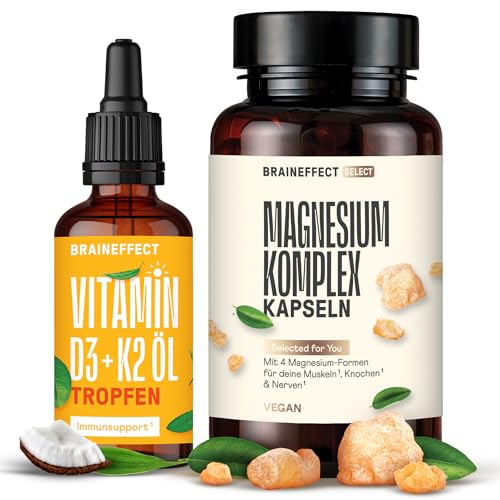 BRAINEFFECT Hochwertige Vitamin D3 K2 Tropfen + Magnesium - Decken 500% des Tagesbedarf, D3 Vitamin als 17 Monatsvorrat, Hochdosiertes Vitamin D3 Tropfen (50ml + 180 Kapseln)