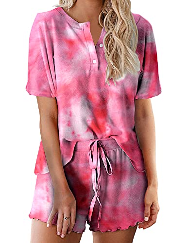 Image of Ekouaer Pajamas Set for Women Short Sleeve Lounge Set 2 Piece Loungewear PJs Soft Cute Lightweight Sleepwear,XX-Large