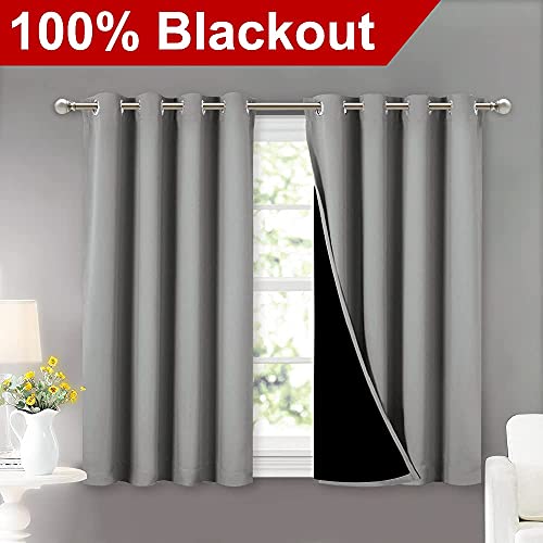 Image of NICETOWN 100% Blackout Curtains with Black Liners, Thermal Insulated Full Blackout 2-Layer Curtains, Energy Efficiency Window Draperies for Dining Room (Silver Grey, 2 Panels, 52-inch W by 45-inch L)