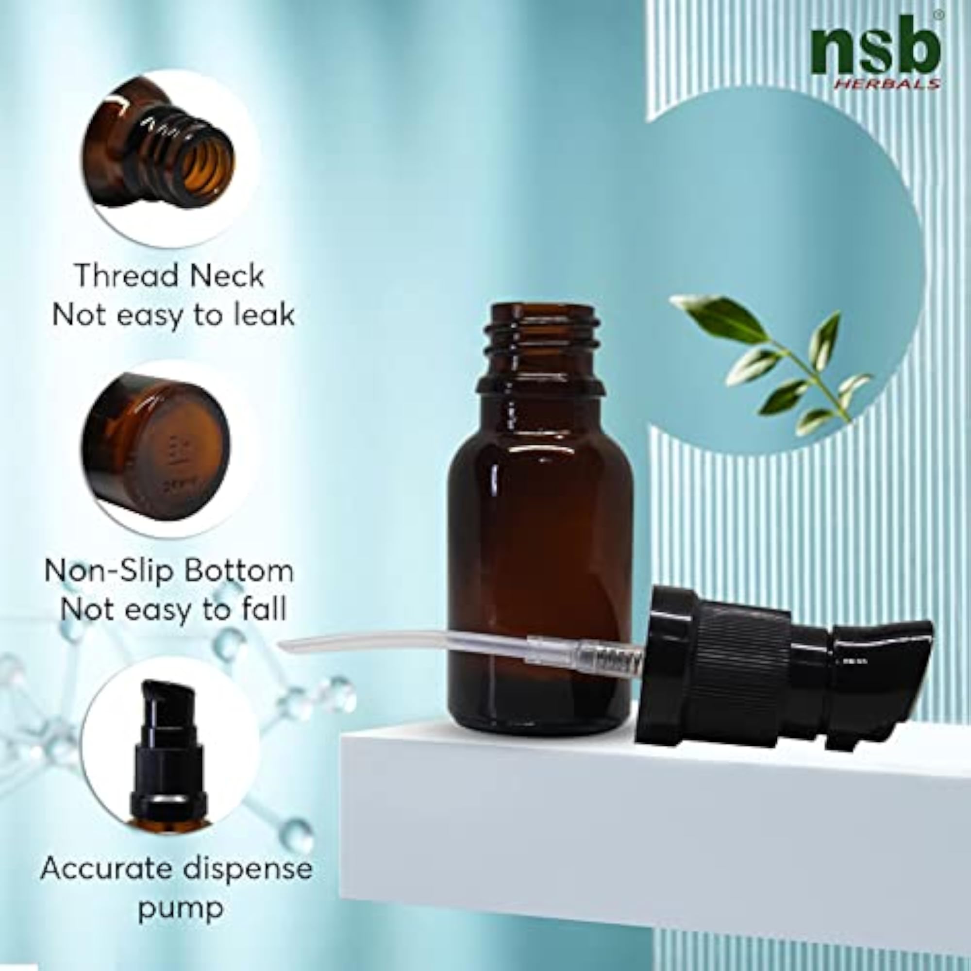 15 ML Amber Color Round Glass Bottle with Lotion Pump