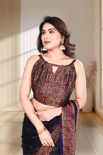 Image of SUPERLAXMI Women's Chiffon Floral Printed Saree with Blouse Piece