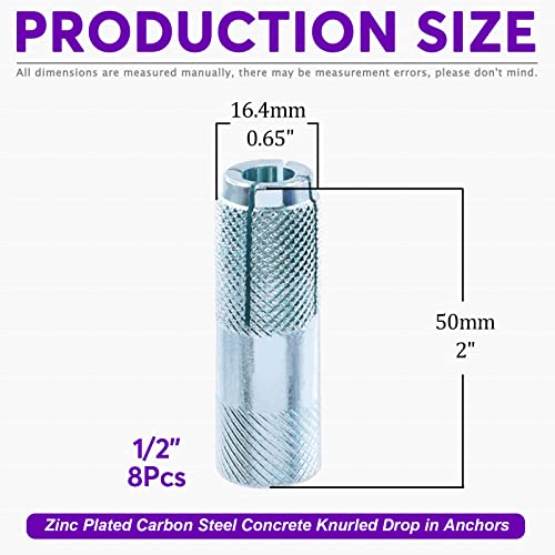 Swpeet 8Pcs 1/2 Inch Premium Zinc Plated Carbon Steel Concrete Knurled Drop in Anchors Assortment Kit - Image 2