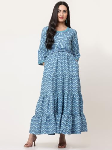 Image of SAVI Women's Pink Cotton Printed Tiered Maxi Dress | Round Neck | 3 /4 Sleeves | Gathered Waist | Flared Long Dress | Casual & Ethnic Wear