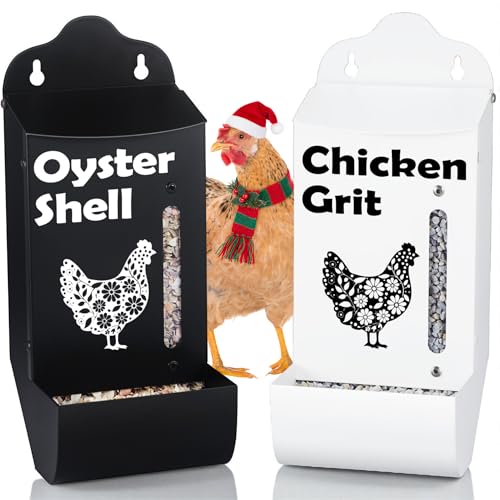 CluckRoots Chicken Grit and Oyster Shell Feeder Combo, No-Spill Weatherproof Heavy-Duty Design, Lift-Off Wall-Mounted Metal Dispenser w/View Window, Chicken Coop Accessories Gifts for Lovers Women