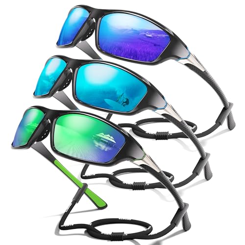 3 Pack Polarized Sports Sunglasses for Men, Mens Sunglasses Wrap Around UV Protection for Cycling Fishing Driving C05-dark Blue/Ice Blue/Green