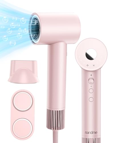 Nandme Hair Dryers for Women, 110000 RPM High Speed Blow Dryer, 200 Millions Negative Ionic Hair Dryer, 1600W Quiet Hairdryer for Travel, Hair Dryer with Nozzle, 4 Temp & 3 Speed Setting, Pink
