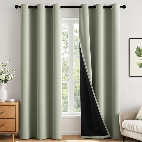 Image of MIULEE Sage Green 100% Blackout Curtains for Bedroom 40x84 Inch 2 Panels | 2 Thick Layers Thermal Insulated Short Curtains with Black Liner, Noise Reducing Grommet, Drapes for Living Room