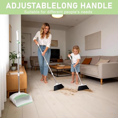 Image of Broom with Dustpan Combo Set for Home, 52-in Long Adjustable Handle Angle Broom and Dustpan Set with Dustpan Comb Teeth for Sweeping Pet Hair Food Dirt Kitchen (White-Green)