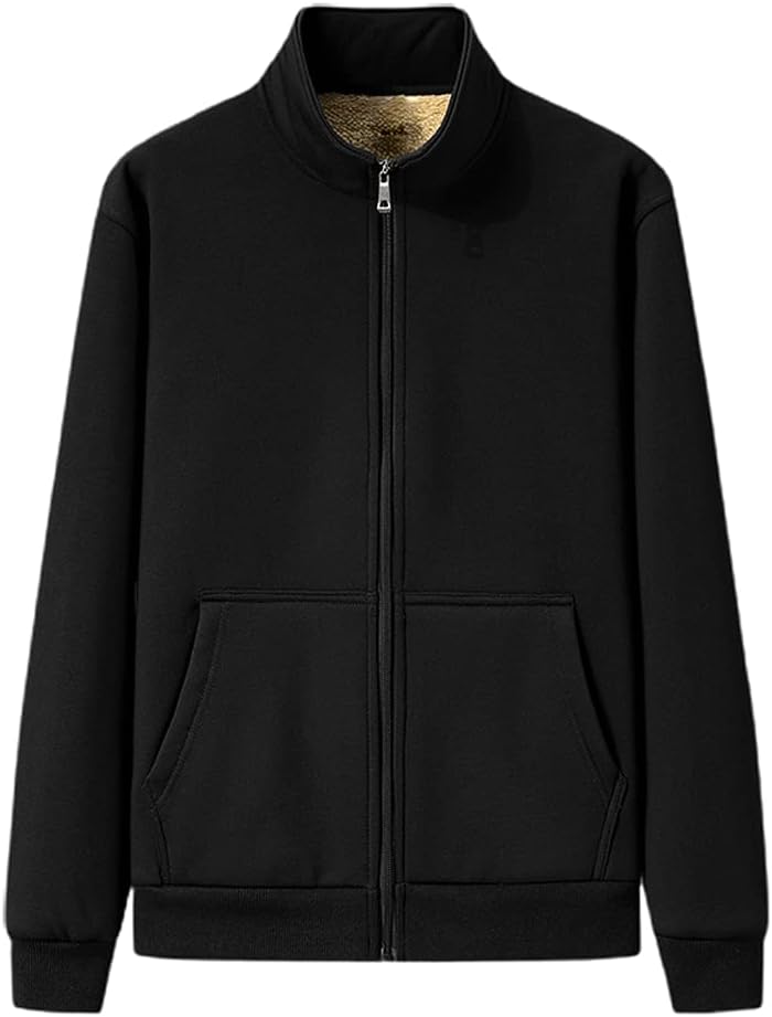 chouyatou Men's Fall Winter Stand Collar Zip Up Sherpa Lined Jersey Knit Sweatshirt Jacket