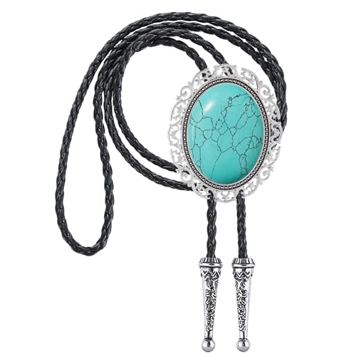 Image of Jeilwiy Bolo Tie for Men Real Stone Westwern Cowboy Ties Silver Bolos Women Leather Necktie Gift for Birthday Christmas