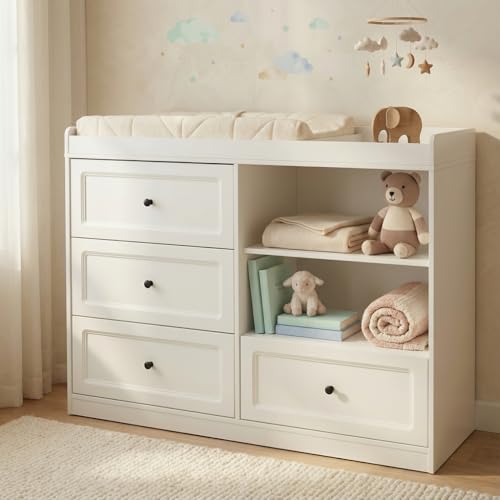 Nordee Axio Baby Changing Table Dresser, Nursery Dresser with Changing Table Top, Multi-Fuctional Furniture for Nursery with 4 Drawers & Adjustable Shlef, Baby Diaper Changing Station, White