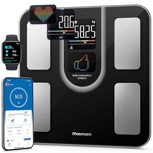 Masmssm Balance Pèse-Personne, Balance Connectée Impédancemètre 9-en-1 Grand VA Écran, 22 Indicateurs, Fréquence Cardiaque, IMC, Graisse Corporelle Pour iOS & Android, Max. 180kg/ 400lb
