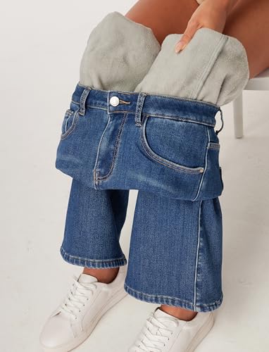 Women's Fleece Lined Cargo Jeans Wide Leg Winter Jeans 6 Pockets Thermal Flannel Lined Jean Casual Denim Pants2