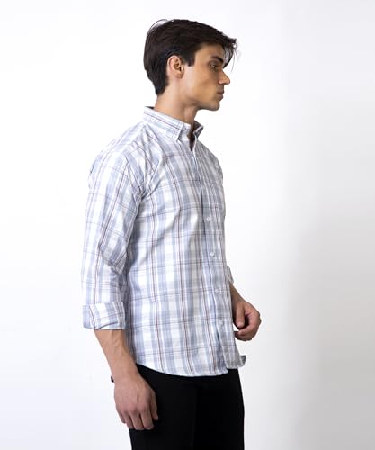 Image of TrapNation Men Regular Fit Checkered Full Sleeves Button Down Collar Casual Shirt (in, Alpha, S, Regular, Grey)