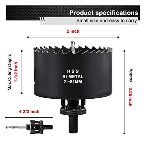 2 Inch Hole Saw Drill Bit For Metal And Wood, M42 Bi-Metal Hole Cutter With 1.5” Cutting Depth For Plywood, Fiberglass, Acrylic, Drywall And Sheet Steel #TOP1