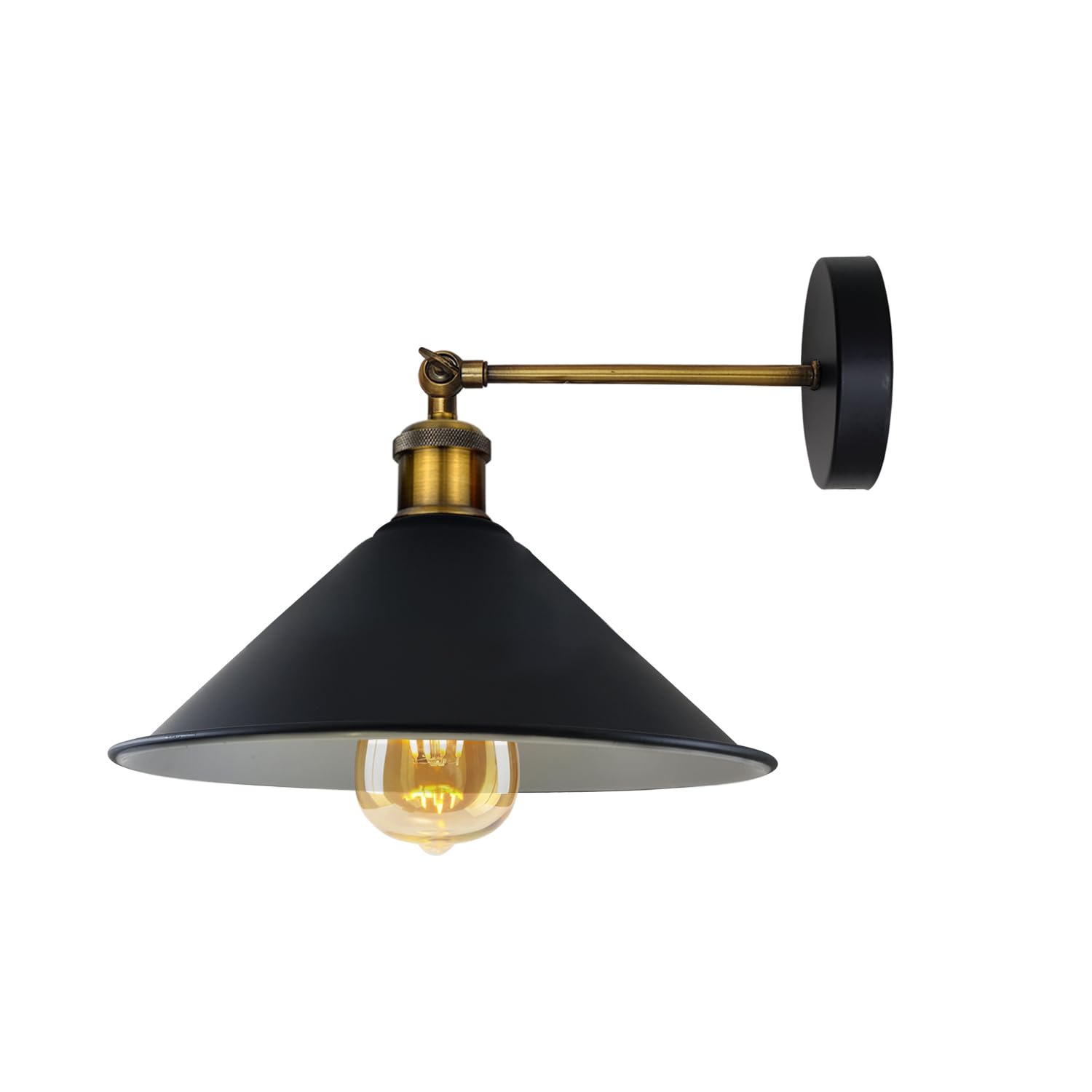 LEDSone Industrial Wall Light Fixture, Vintage Inner Wall Sconce E27 Base Socket Antique Style Unique Metal Cone Shape Wall Mounted Lighting Fitting for Indoor Lighting (Black Inner White)