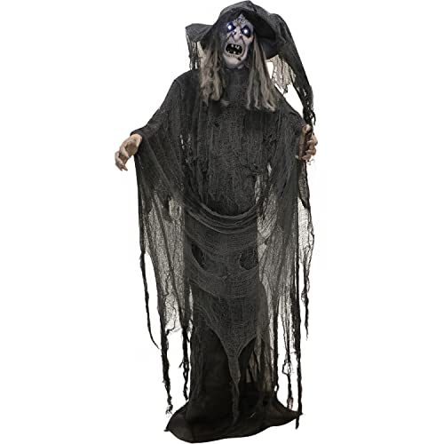 Haunted Hill Farm Life-Size Animatronic Scary Talking Witch with Touch Activated Lights and Sound, Indoor or Covered Outdoor Creepy Halloween Decorations for Home or Haunted House, Battery Operated
