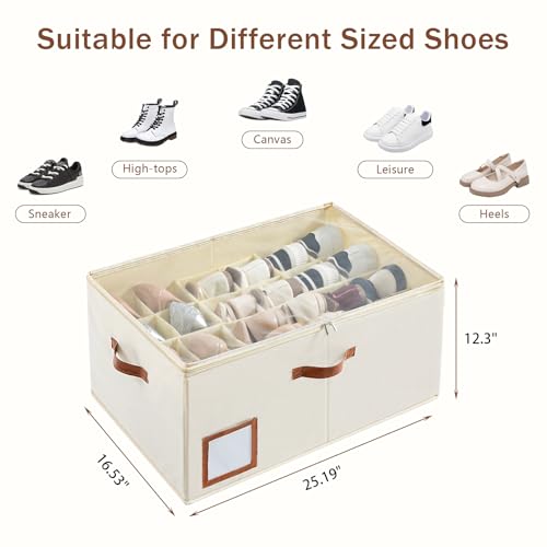 Image of INSTY Shoe Organizer for Closet Fit 24 Pairs, Large Foldable Shoe Storage Containers Box Bin w /Adjustable Dividers and Clear Cover, Space Saving Shoe Storage Organizer Box, Beige