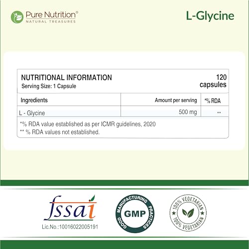 Image of Pure Nutrition L Glycine Supplement (500mg) 120 veg Capsules | Supports Muscle Health, Brain & Sleep Health | Support Strong Immune System & Cellular Health