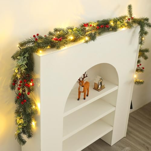 MYELLU Christmas Garland Artificial Pine Decoration - 1 Pack Fake Green Cedar Garland Realistic Christmas Norfolk with Berry for Winter Holiday Mantle Fireplace Table Wall Window