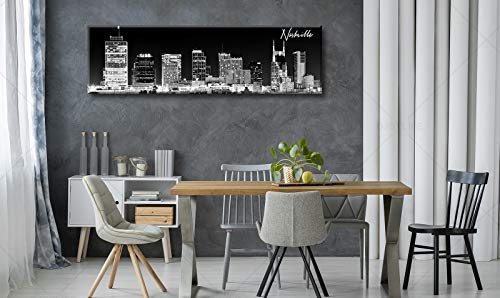 Image of Nashville Skyline Wall Art Panoramic City Landscape Picture 13.8 inchX47.3 inch | Canvas Modern Artwork Black and White Painting for Living Room Bedroom Decor Skyscraper Poster Giclee Print Home Decorations