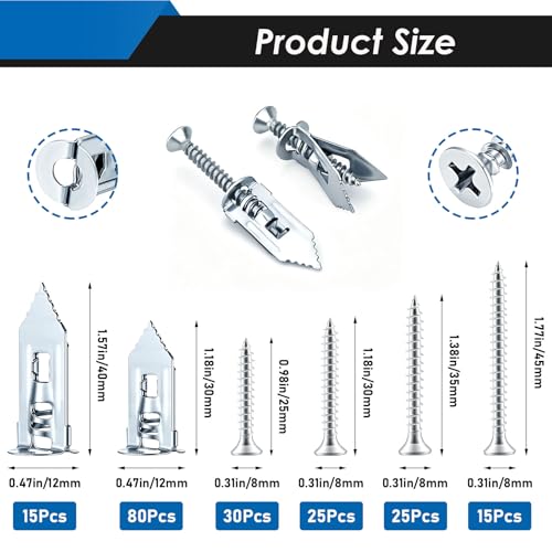 Image of 190Pcs Self Drilling Drywall Anchors with Screws Kit, Metal Self Drilling Anchor Screws, 6 Sizes Silver Drywall Grip Anchors and Screws for Sheetrock, Hollow Wall, Picture Frames, Wall Decor