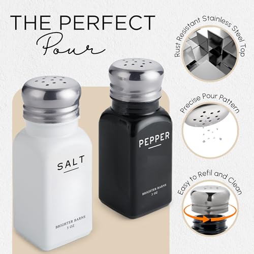 Image of Farmhouse Salt and Pepper Shakers Set by Brighter Barns - Modern Kitchen Decor, Dining Table Countertop Accessory - Rustic, Vintage Glass Shakers with Stainless Steel Lids for Home, Restaurant