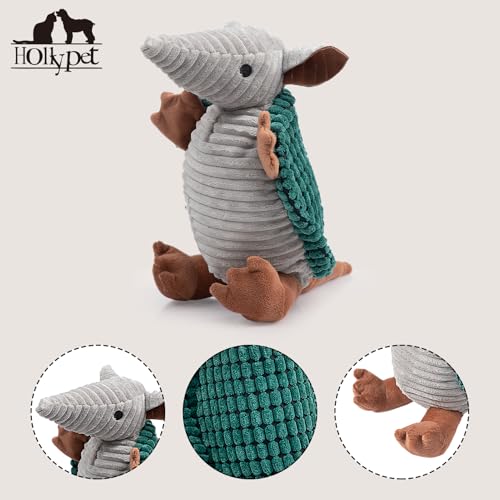 Image of Hollypet Plush Dog Squeaky Toy Stuffed Armadillo Animal Pet Puppy Chew Toys with Clean Teeth for Small Medium Large All Breed Sizes Dogs, Deep Green, 10in