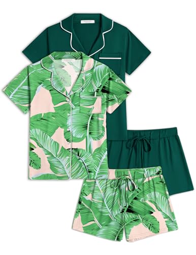 Image of Ekouaer Womens Pajamas Set 2 Pack Button Down Summer Sleepwear Short Sleeve Comfy Pjs Loungewear Set