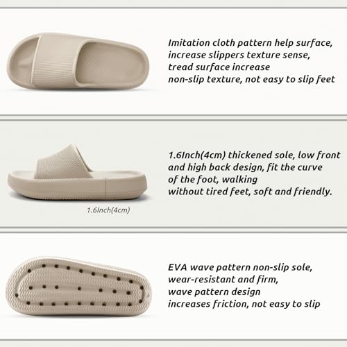 BAXIWUY Badelatschen Damen Badeschuhe Herren Schlappen Badeschlappe Cozislides Original Slippers Rutschfest Hausschuhe Sommer Pantoletten Wolkenschuhe Flip Flops Indoor/Outdoor，Khaki，35-36 EU 5