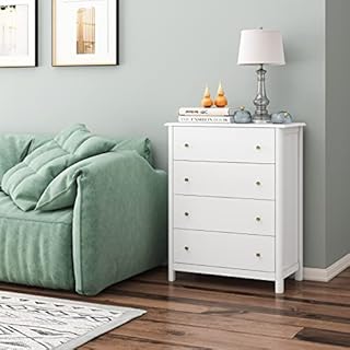 HOCSOK White Chest of Drawers, 4 Drawer Cabinet with Metal Handles and Runners, Wooden Bedroom Storage Unit, 74x40x94 cm