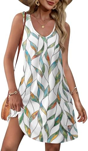 OFEEFAN Womens Summer Dresses 2026 Loose V Neck Sleeveless Sundresses Swimsuit Coverup with Pockets Floral/Plain/Eyelet