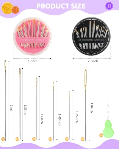 image for PLANTIONAL 60-Pack Hand Sewing Needles Set with 4 Threaders, Stainless