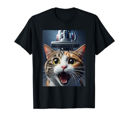 Funny Calico Cat Selfie with Vacuum Chase Meme Graphic T-Shirt