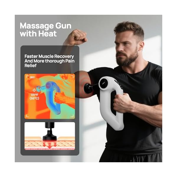 HEYCHY Deep Tissue Massage Gun with Heat, 12mm, 8 Heads, White - Image 3