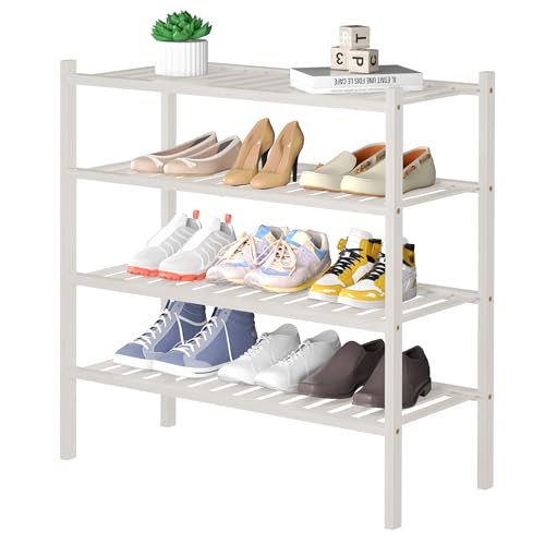 4 Tier Bamboo Shoe Rack for Closet Free Standing Wood Shoe Shelf for Entryway Small Space Stackable 27"x11"x26" (White)