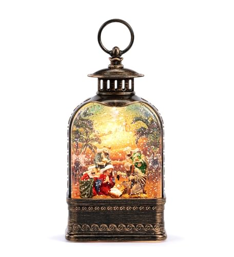 Napco 11 inch LED Serene Nativity Scene Water Globe Lantern Bronze Spinning Glitter Christmas Tabletop Decor