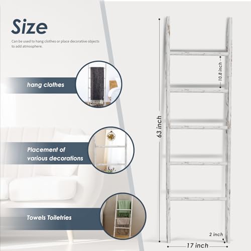 5-Tier Blanket Ladder Wooden, 5.3FT(63'') Blanket Quilt Holder Rack Decorative Ladder, Easy Assembly, Rustic Farmhouse Ladder Shelf for The Living Room Bedroom Bathroom Home Decor, White Wash - Thumbnail 5