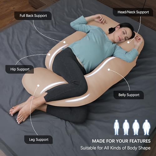 Image of MOON PARK Pregnancy Pillows for Sleeping - U Shaped Full Body Maternity Pillow with Removable Cover - Support for Back, Legs, Belly, HIPS - 65 Inch - Brown - Cooling Cover